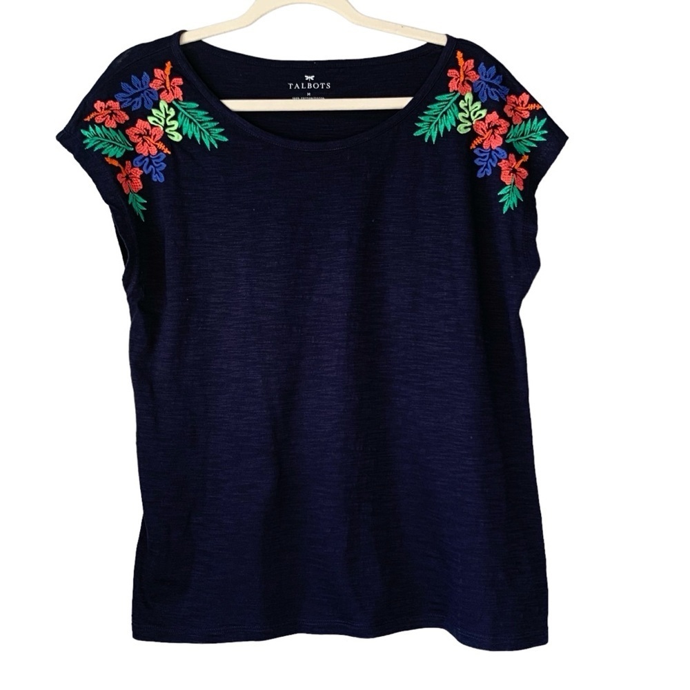 Talbots cotton navy multi color embroidered floral shoulders  cap sleeve. Size M